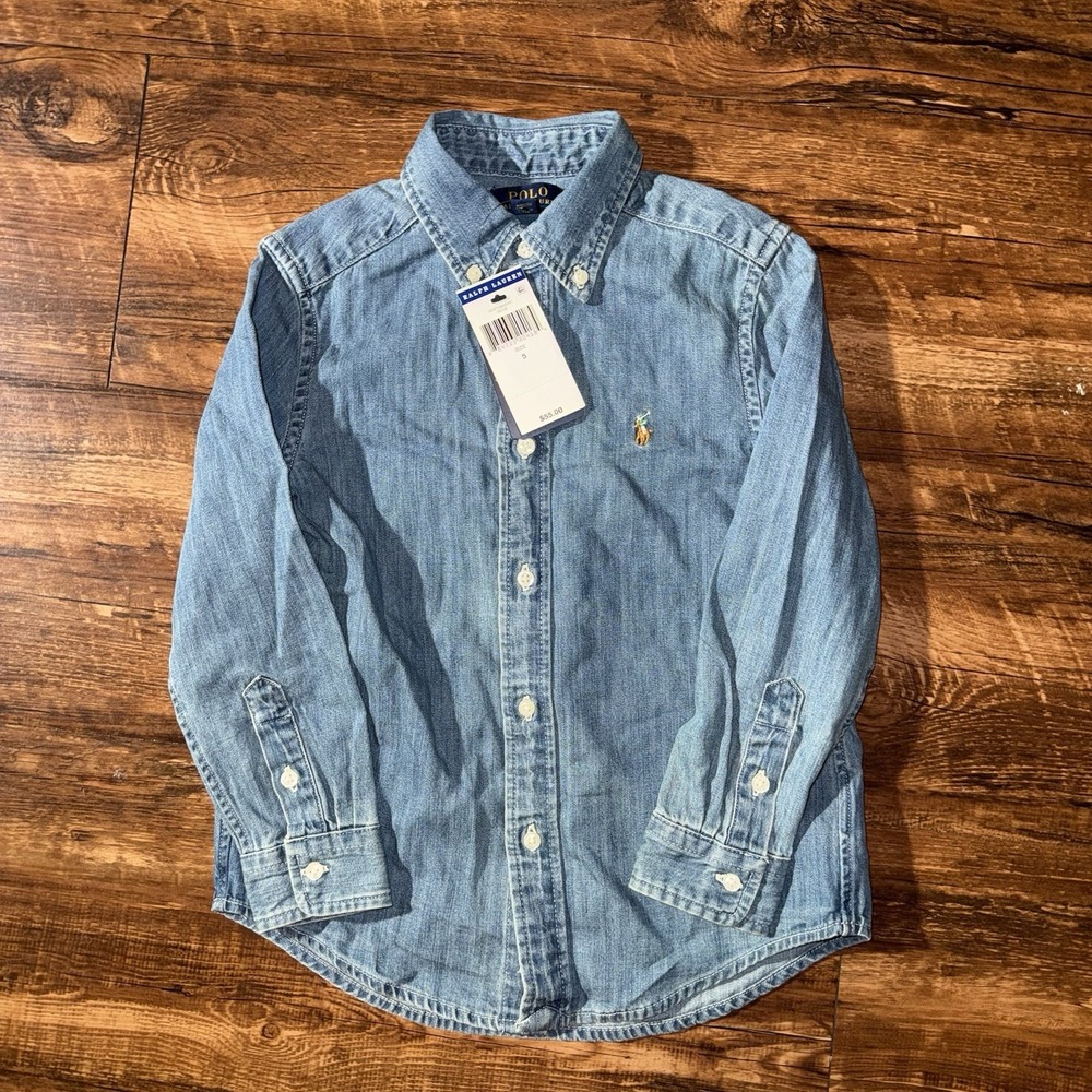 Polo Ralph Lauren Blue Chambray Button Up Long Sleeve Shirt Boys 5 NEW $55